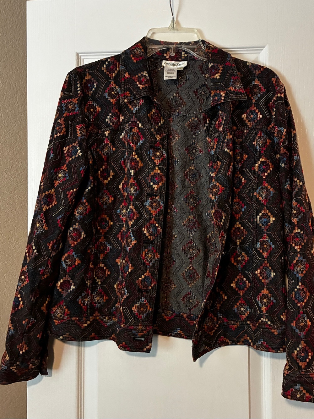 Coldwater Creek Black Jacket with Multicolor Geo Embroidery